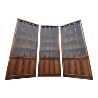 1960s Sculptural Walnut Brasilia Style Glass Door Bookcase Shelving Units - Set of 3 For Sale