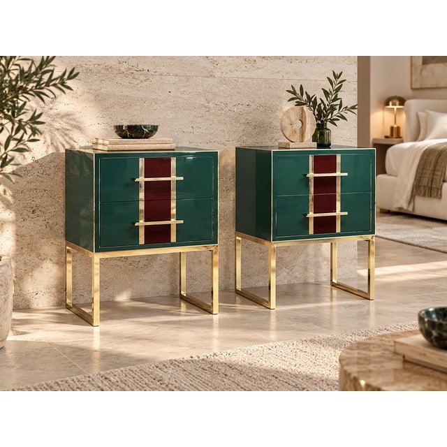 Gold Italian Green and Burgundy Murano Glass Bedside Tables with Brass Frames from Justfurnituress SRL, Set of 2 For Sale - Image 8 of 9