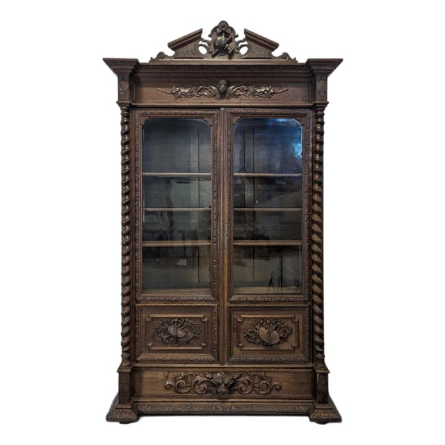 Louis XIII Style Glass-Fronted Bookcase in Oak For Sale