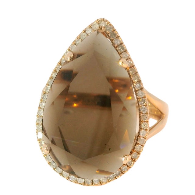 Art Deco Late 20th Century 14K Pink Rose Gold Smokey Topaz Brown Quartz MicroPave Diamond Ring, Size 7 For Sale - Image 3 of 6
