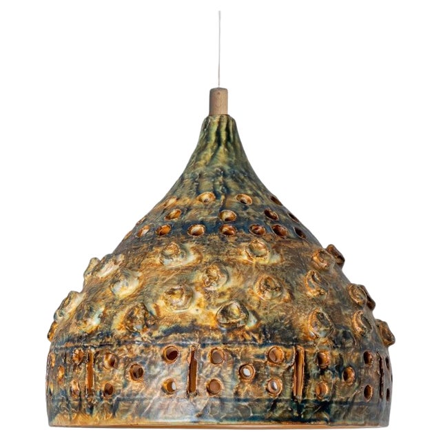 Brown Green Ceramic Pendant Light, Denmark, 1970 For Sale