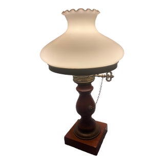 Vintage Quoizel 3-Way Hurricane Lamp Brass W/ Wood Base & Milk Glass Shade For Sale