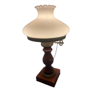 Vintage Quoizel 3-Way Hurricane Lamp Brass W/ Wood Base & Milk Glass Shade