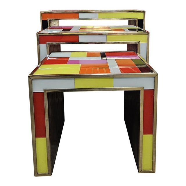 Metal Glass Nesting Tables, 1980s, Set of 3 For Sale - Image 7 of 9