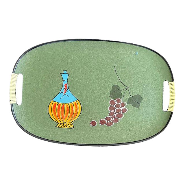 Mid-Century Modern Bar Tray, Hand-Painted Wine and Grape Motif For Sale
