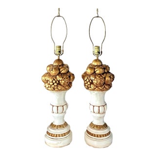 1960s Large 32" Mid-Century Italian Parcel Gilt Plaster Fruit Topiary Table Lamps ~A Pair For Sale