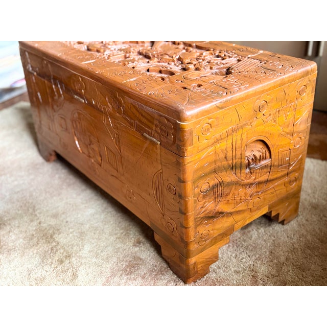 Vintage 1940’s Chinese Glazed Carved Scenic Wood Chest For Sale - Image 4 of 12