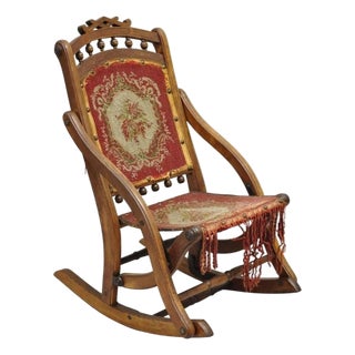 Antique Eastlake Victorian Walnut Small Child's Folding Rocker Rocking Chair For Sale