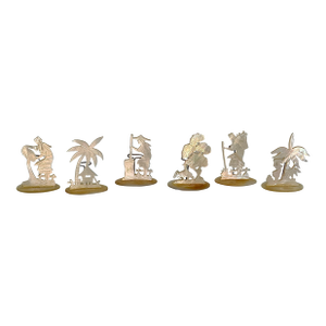1930’s Vintage Palm Beach, Tropical Figurative Place Card Holders Intricately Carved in Mother-of-Pearl, Set of 6