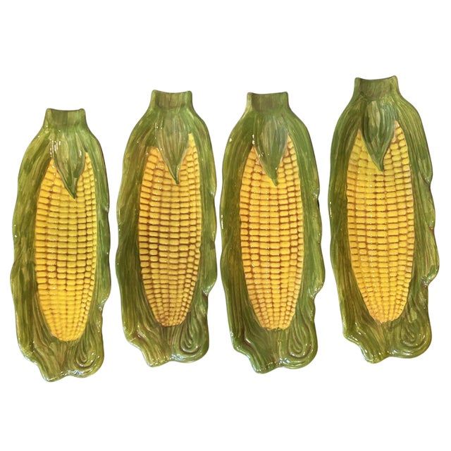 Ceramic Vintage Majolica-Style Corn on the Cob Dishes Hand-Painted Ceramic Serving Plates Trompe L’Oeil - Set of 4 For Sale - Image 7 of 9