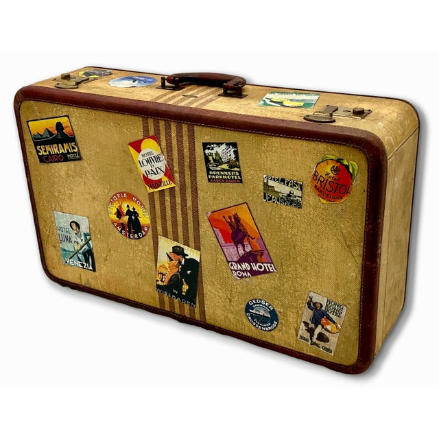 1940s Vintage 1940s Travel Size Tweed Suitcase With Nice Assortment of World Grand Tour Locations Paper Labels For Sale - Image 5 of 18