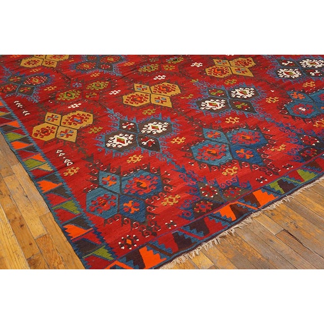 Mid 20th Century 1940s Red Geometric Vintage Turkish Kilim Sivas Rug 9'4" X 11'6" Wool Flatweave Carpet For Sale - Image 5 of 5