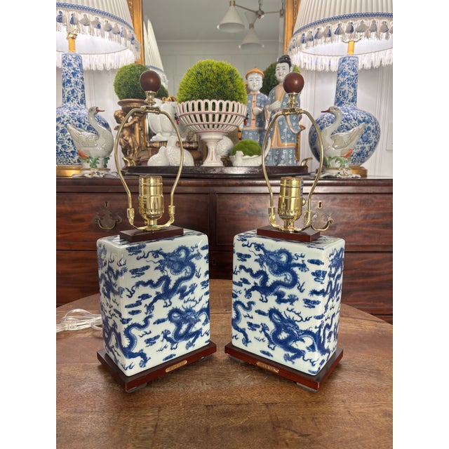 Textile Contemporary Ralph Lauren Blue and White Petite Square Lamps With Dragon Design and Square Fabric Shades, a Pair For Sale - Image 7 of 8