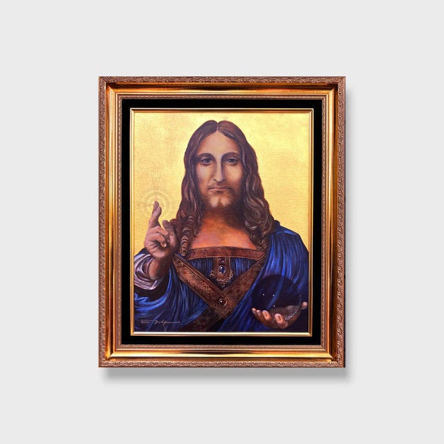 Contemporary Original Old Master Style Realist Mixed-Media Portrait Painting, "Savior of the World" For Sale - Image 4 of 4