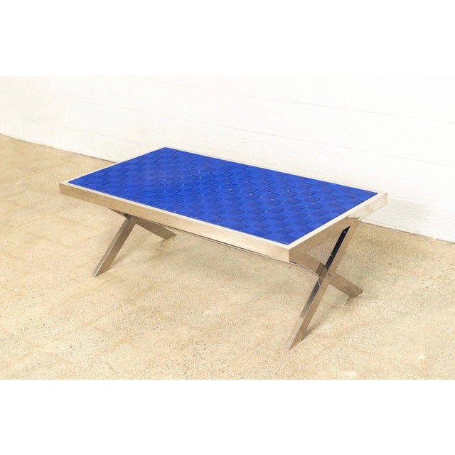 Mid-Century Modern Mid Century Modern Chrome and Blue Strap Bench Milo in Baughman Style For Sale - Image 3 of 10