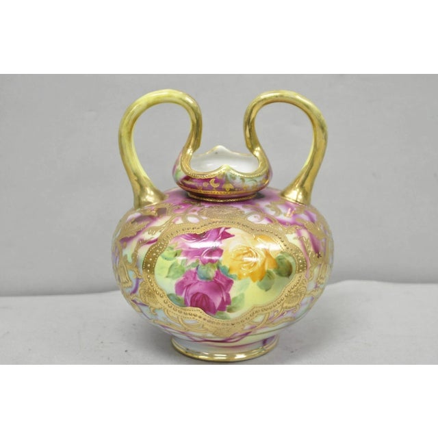 Antique Austrian Hand Painted Moriage Porcelain Double Swung Handle Bulbous Vase For Sale - Image 16 of 16