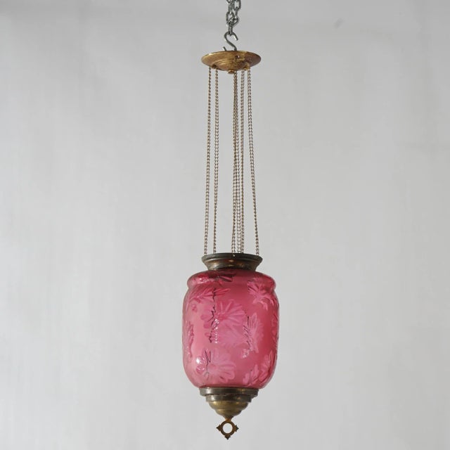 Antique Victorian Cut To Clear Cranberry Glass & Brass Hanging Hall Light Circa 1880 For Sale - Image 11 of 11