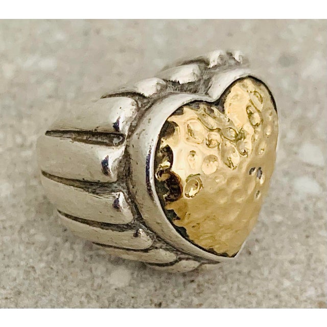 Vintage Early Dian Malouf Heart Ring, 14k Gold Hammered Domed Heart With Sterling Silver Bezel and Channel Detail Down the Tapered Band For Sale - Image 10 of 11