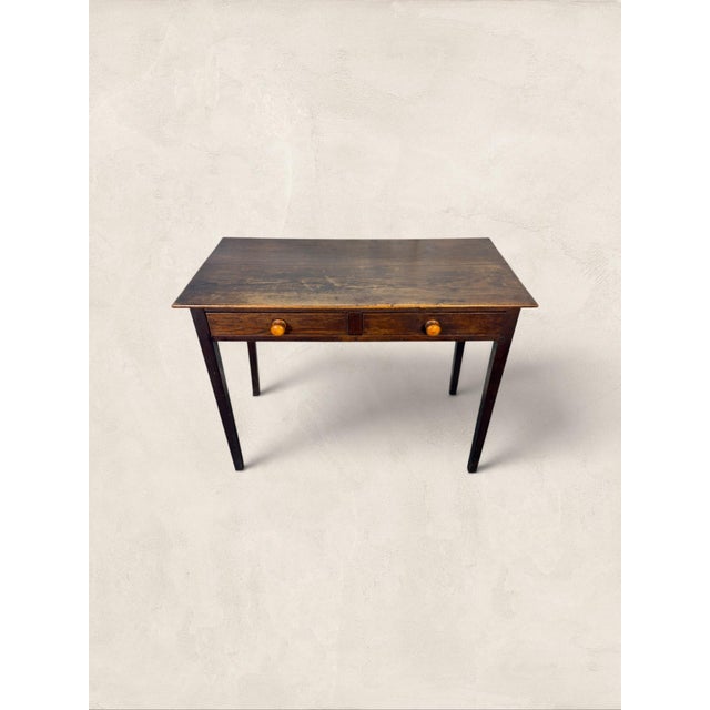 Wood Antique English Oak Two Drawer Side Table on Tapered Legs For Sale - Image 7 of 8