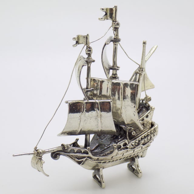 Italian Vintage Italian Handmade Genuine Silver Caravel Sailing Ship Figurine Sculpture For Sale - Image 3 of 9