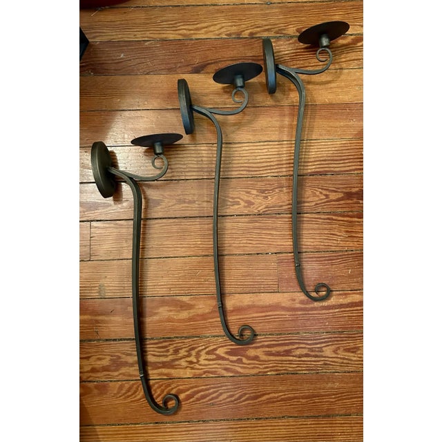 1990s Vintage Rustic Wrought Iron and Metal Wall Sconce Candle Holders - Set of 3 For Sale - Image 4 of 4