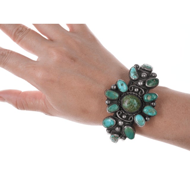 Metal 6 7/8" 30's-40's Navajo Silver Turquoise Cluster Bracelet For Sale - Image 7 of 10