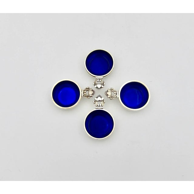 Vintage Georg Jensen Sterling Silver Acorn Salt Cellars With Blue Enamel Set- 4 Pieces For Sale In Los Angeles - Image 6 of 9