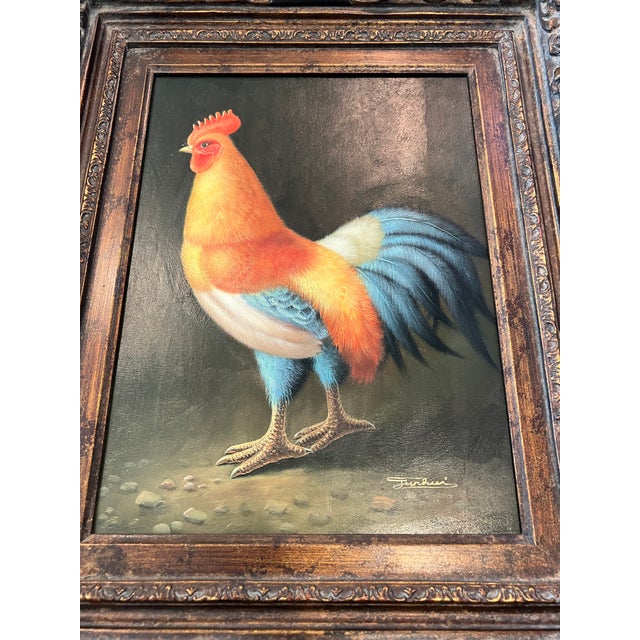 1950s Mid Century Rooster Oil Painting With Spanish Baroque Style Frame For Sale - Image 13 of 18
