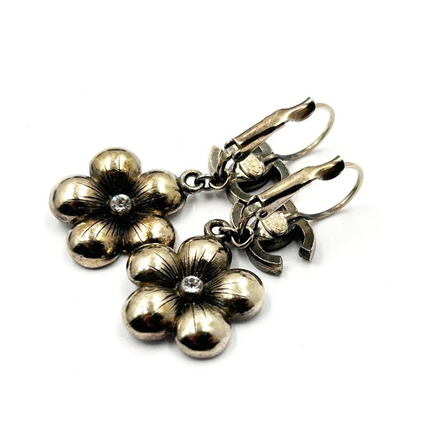 Contemporary Chanel Gold CC Purple Flower Lever Back Piercing Earrings - 2 Pieces For Sale - Image 3 of 4