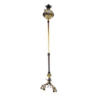 19h Century Cast Polished Brass Tripod Base Adjustable Height Oil Flor Lamp MINT For Sale