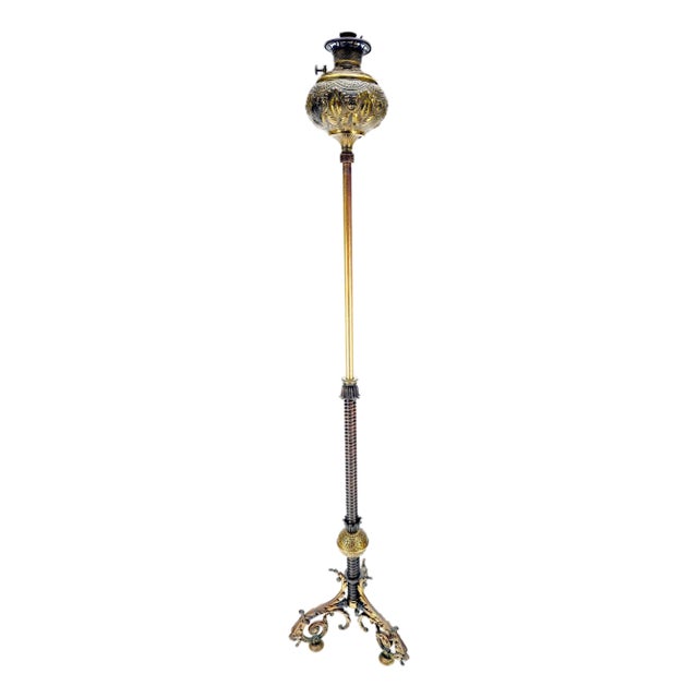 19h Century Cast Polished Brass Tripod Base Adjustable Height Oil Flor Lamp MINT For Sale
