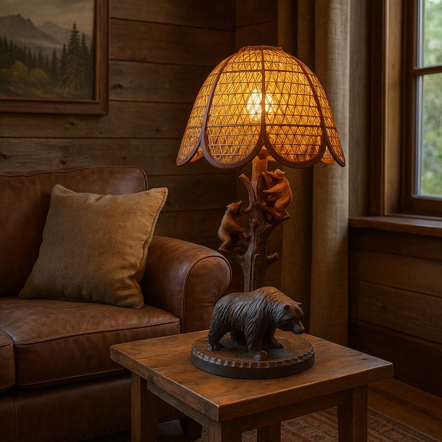 Rustic Three Bear Family Table Lamp with Wicker Shade, 1950 For Sale - Image 3 of 6