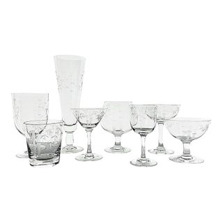 1950s Crystal Etched Bamboo Drinkware Service for 10 by Noritake in the “Sasaki” Pattern - 80 Pieces For Sale