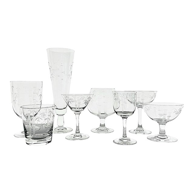 1950s Crystal Etched Bamboo Drinkware Service for 10 by Noritake in the “Sasaki” Pattern - 80 Pieces For Sale