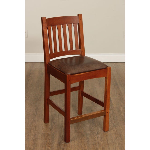 Mission 1990s Stickley Mission Collection Pair of Cherry and Leather Slat Back Stools For Sale - Image 3 of 12