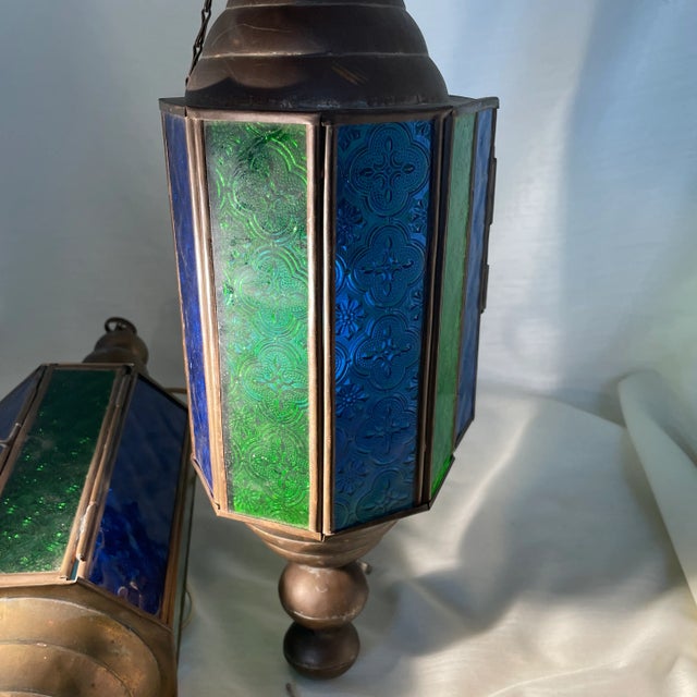 Metal 1940s Vintage Stained Glass and Brass Church Pendant Light Fixtures a Pair For Sale - Image 7 of 12