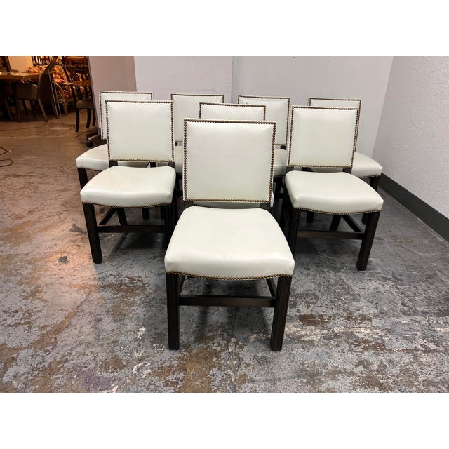Custom Design Ivory Leather + Brass Nailhead Dining Chairs Set of
