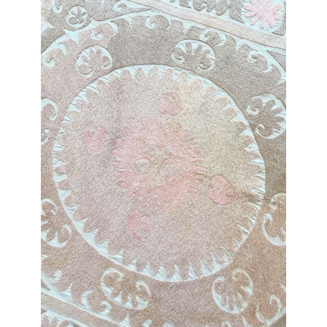 Tan Suzani Wall Hanging Decor - Neutral Tan Uzbek Tablecloth, 4' X 4'4'' For Sale - Image 8 of 9
