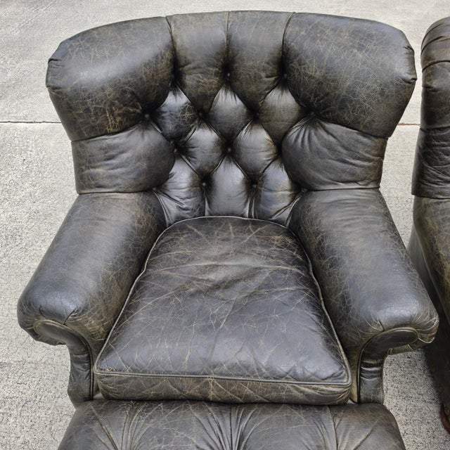 Vintage Henredon for Ralph Lauren English Chesterfield Leather Chair & Ottoman a Pair For Sale In Miami - Image 6 of 18