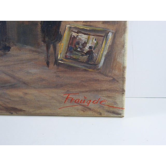 Mid 20th centuruy oil on linen impressionist painting of a Paris artists street market. Signed Fraugde lower right corner,...