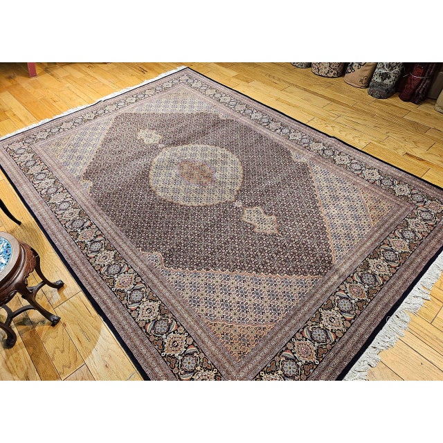 Antique Persian Tabriz Mahi Rug, Hand-Knotted Wool & Silk, Herati Geometric Pattern, Navy & Ivory, 9x12 For Sale - Image 11 of 18