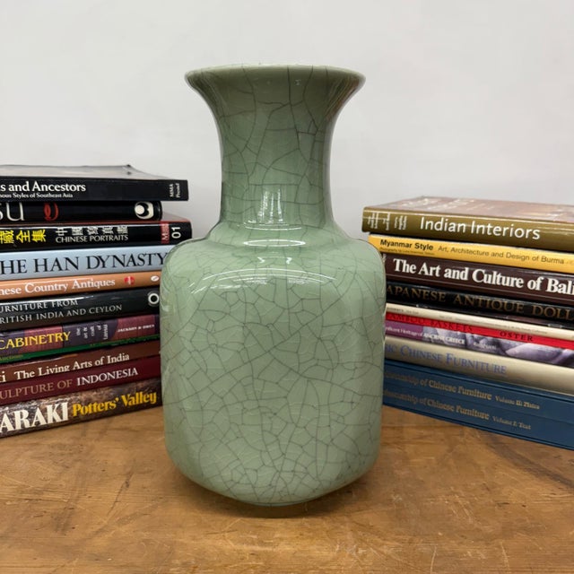 Rustic Elegant Green Ceramic Vase with Intricate Crackle Finish For Sale - Image 3 of 9