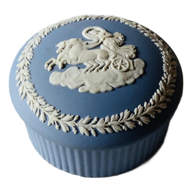 Vintage Wedgwood Blue Jasperware Round Trinket Box - East Hampton Estate Find For Sale