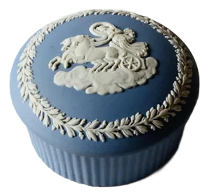 Vintage Wedgwood Blue Jasperware Round Trinket Box - East Hampton Estate Find