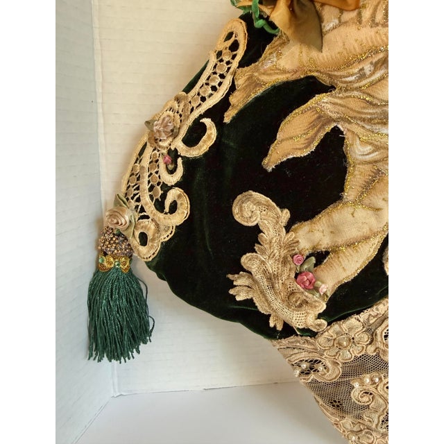 Handmade Victorian Style Emerald Green Velvet Christmas Stocking With Cherub & Lace For Sale - Image 11 of 13