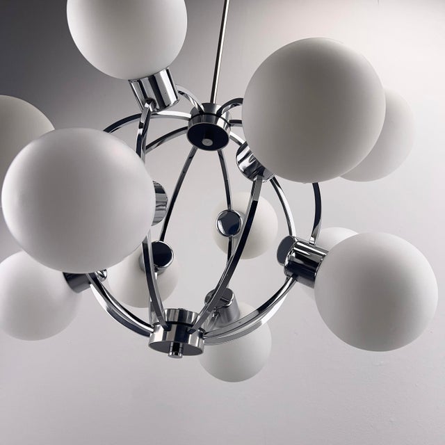 1970s Large Space Age Sputnik Chandelier with 12 Opal Glass Spheres, Germany, 1970s For Sale - Image 5 of 12