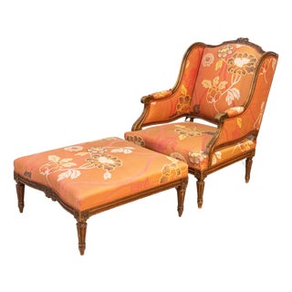 20th Century French Walnut Chair and Ottoman For Sale