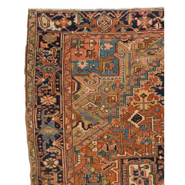 Persian 1920s Brown Rust Navy Blue Geometric Persian Heriz Rug For Sale - Image 3 of 5