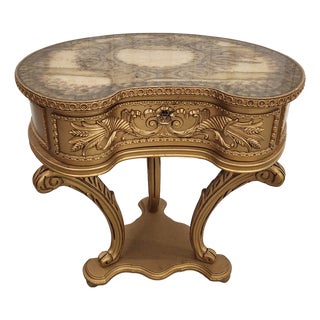 Mid Century Italian Gilt Kidney Side Table With Drawer and Églomisé-Style Top For Sale