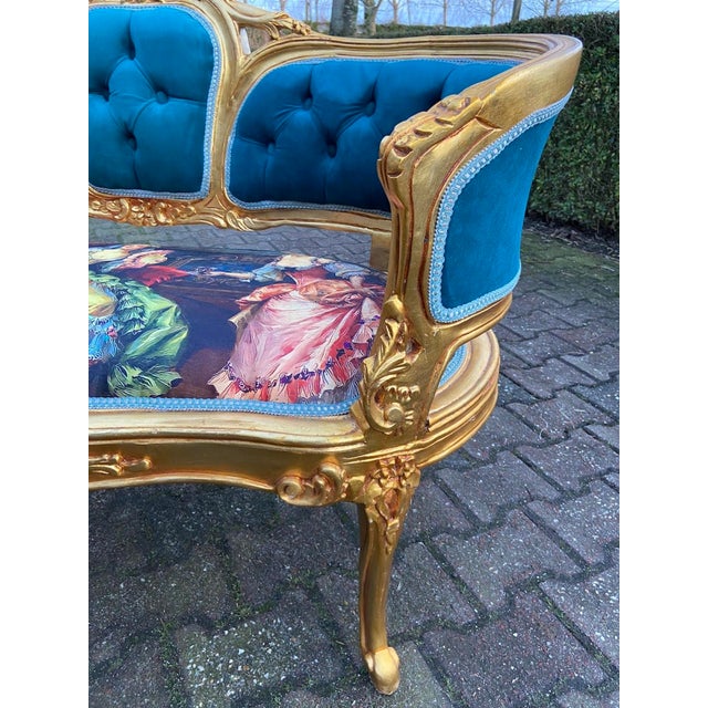 1980 French Louis XVI Blue Velvet Gilt Beech Settee For Sale - Image 10 of 15